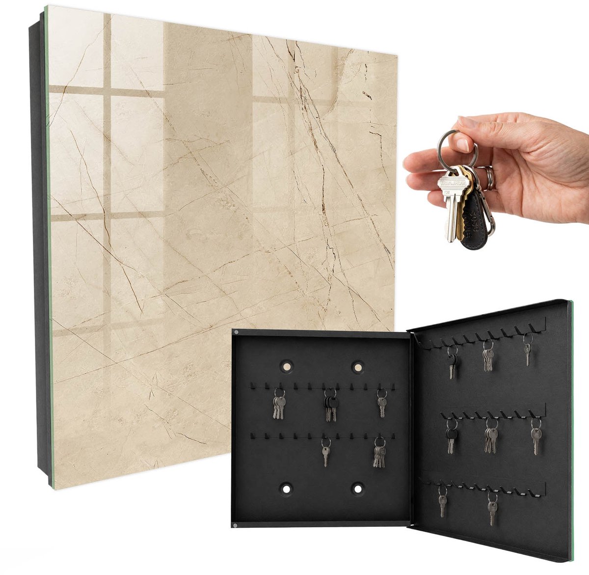 WallMuralia - Sleutelkast - 30x30x5 cm - met 50 haken - Marmercreatie Design Sleutelkastje - Romig Sleutelbox - Rechtsopenend - Zwart interieur