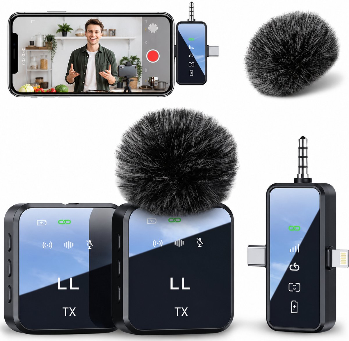 Litalife® Draadloze Microfoon Pro - 2 Stuks - Oplaadcase - Lavalier - Windshields - Dasspeld - Lange Batterij - USB-C/Lightning - Plug & Play