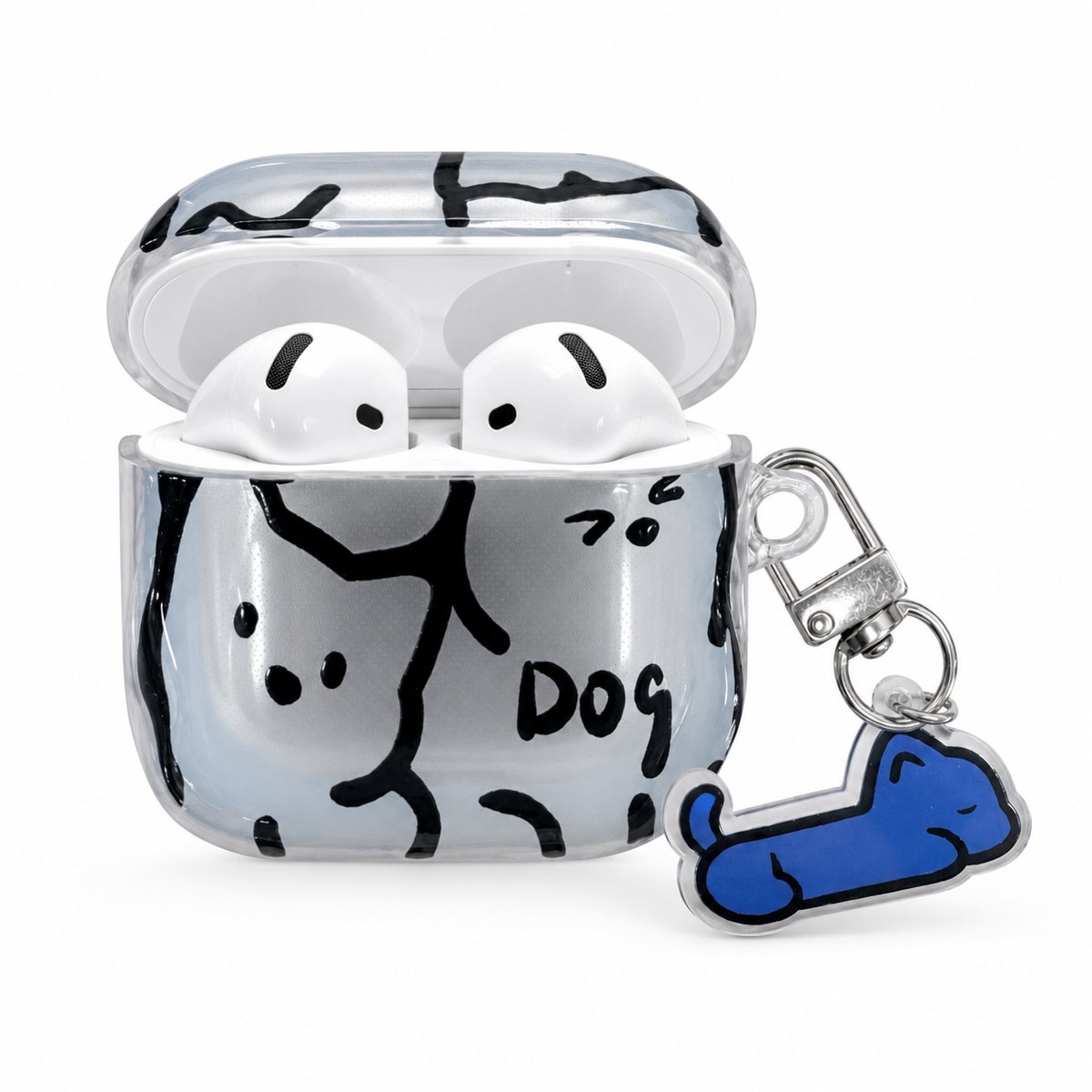 Enluxe Case geschikt voor Airpods 4 - Doodle Hond Blauw - Hardcase met Hondenhanger, Schokbestendig Hoesje