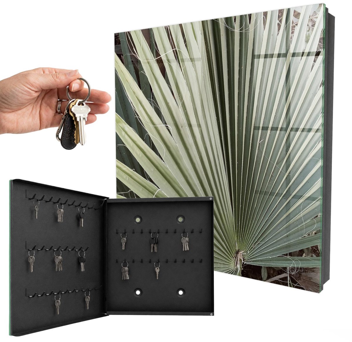 WallMuralia - Sleutelkast - 30x30x5 cm - met 50 haken - Palmblad Sleutelkastje Gang - Groente Sleutelbox - Linksopenend - Zwart interieur