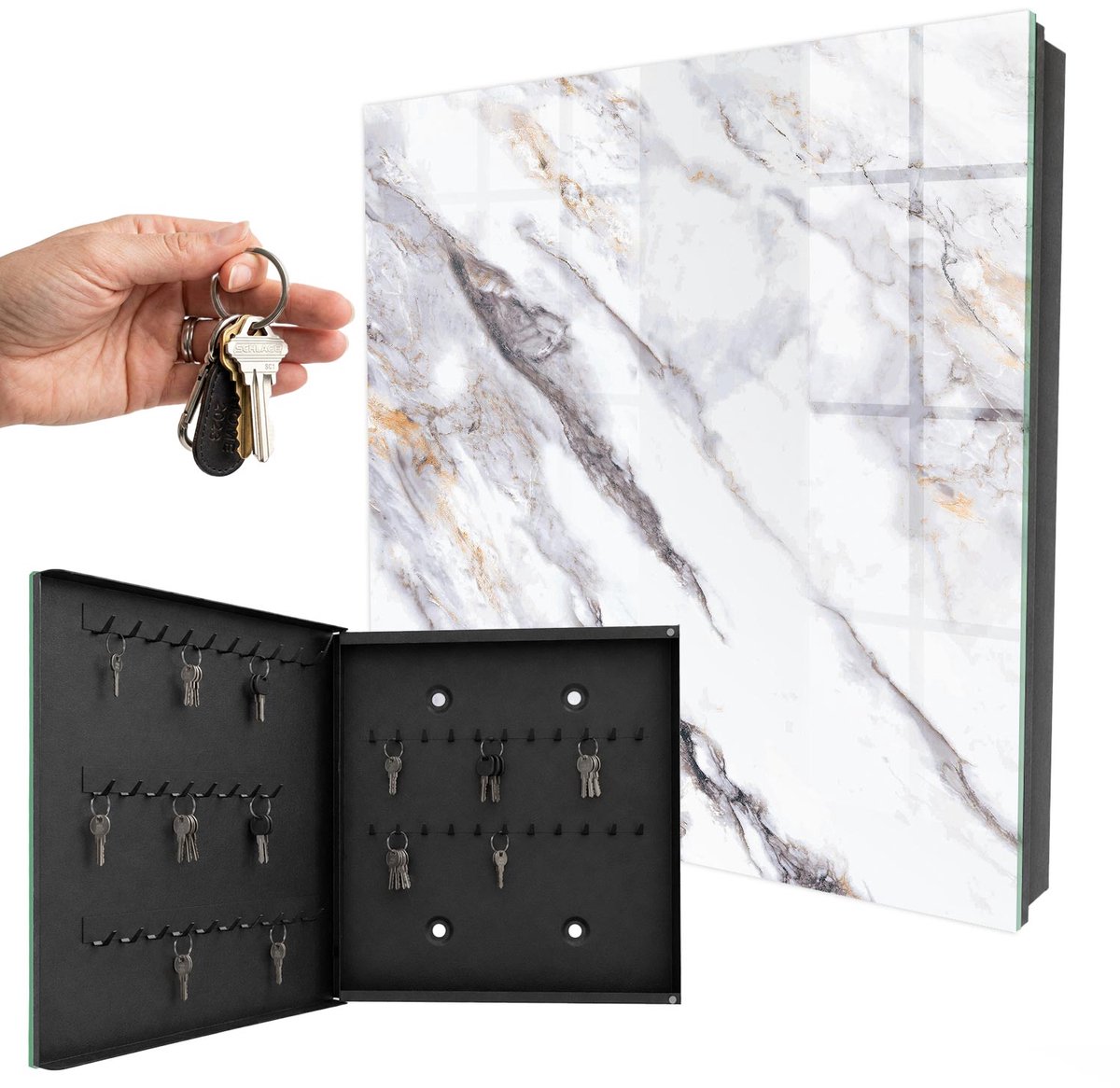 WallMuralia - Sleutelkast - 30x30x5 cm - met 50 haken - Marmeren Elegantie Sleutelkastje Klein - Wit Sleutelbox - Linksopenend - Zwart interieur