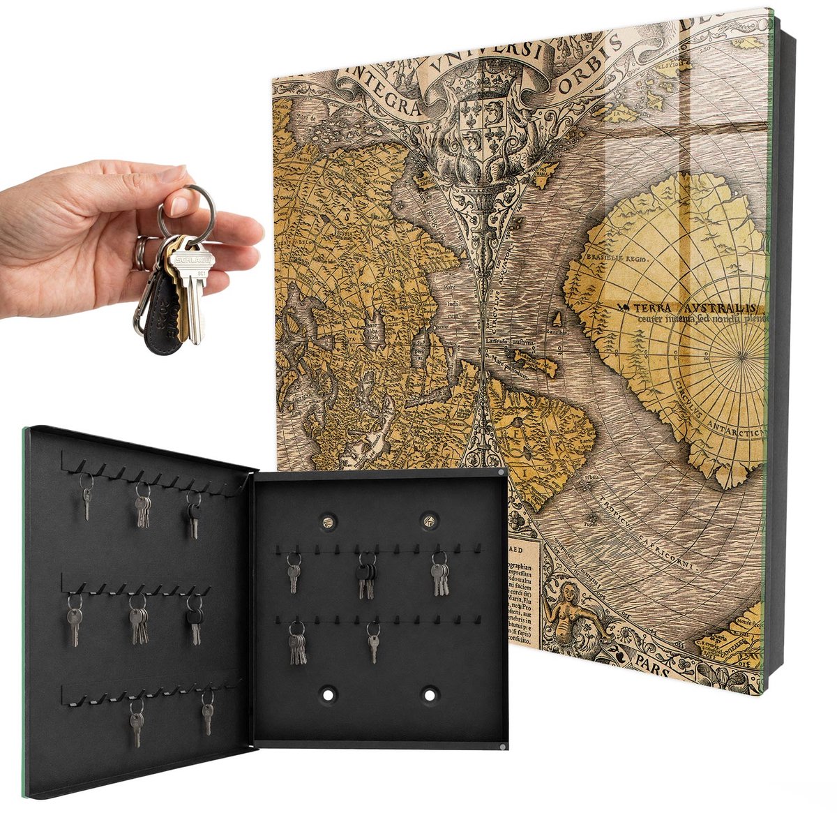 WallMuralia - Sleutelkast - 30x30x5 cm - met 50 haken - Antieke Oude Kaart Sleutelkastje Muur - Geel Sleutelbox - Linksopenend - Zwart interieur