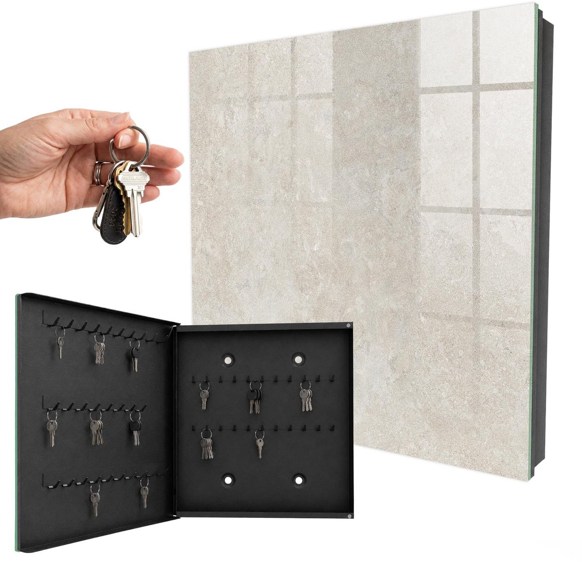 WallMuralia - Sleutelkast - 30x30x5 cm - met 50 haken - Fijne Zandsteen Design Sleutelkastje - Beige Sleutelbox - Linksopenend - Zwart interieur
