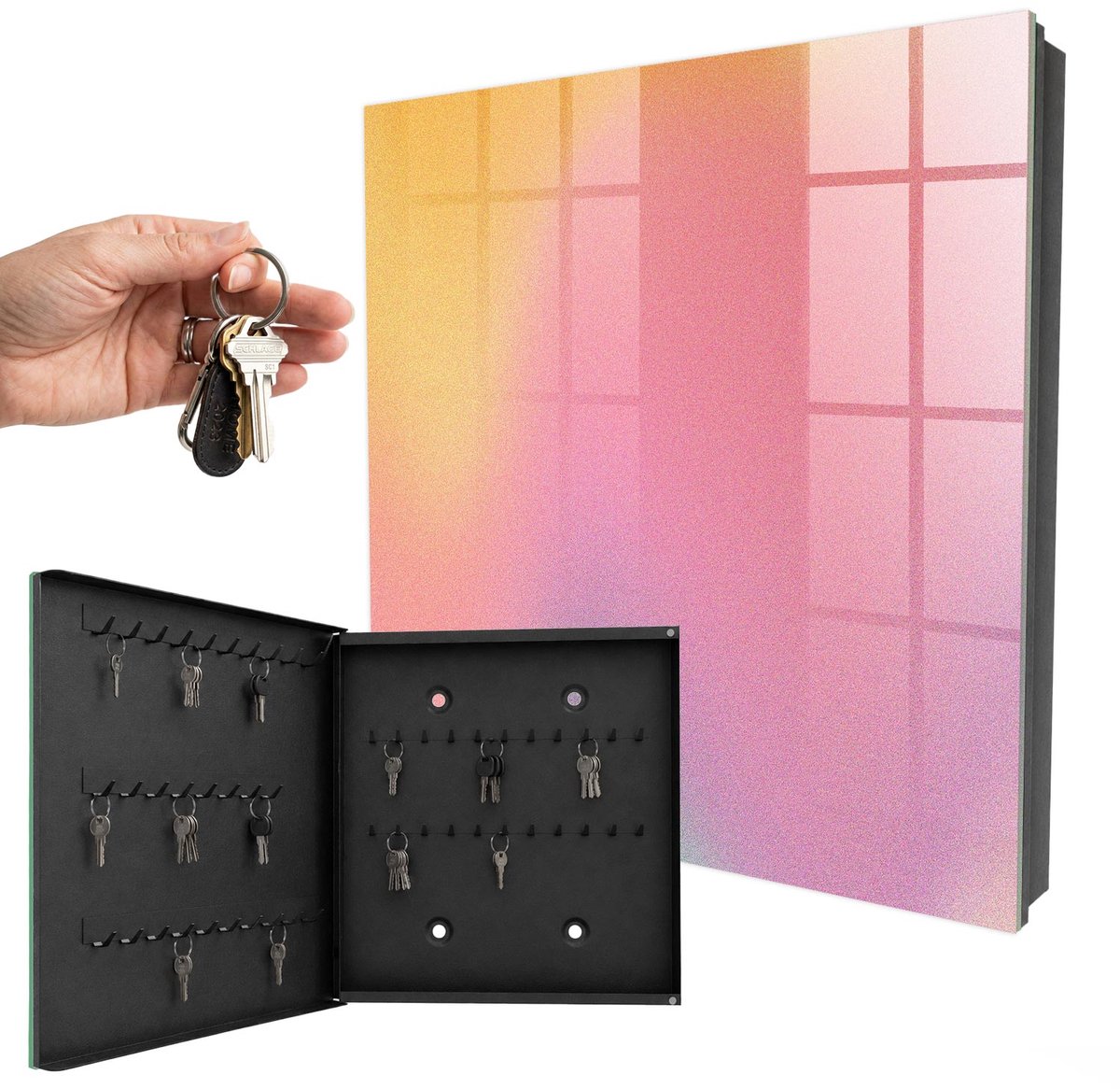 WallMuralia - Sleutelkast - 30x30x5 cm - met 50 haken - Kleurrijk Verloop Leuk Sleutelkastje - Roze Sleutelbox - Linksopenend - Zwart interieur