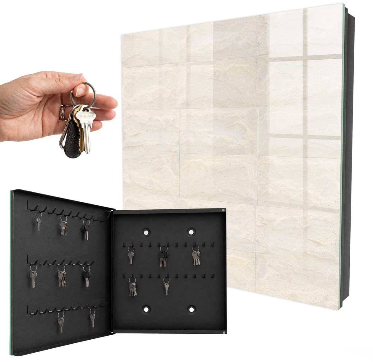 WallMuralia - Sleutelkast - 30x30x5 cm - met 50 haken - Crème Steen Leuk Sleutelkastje - Romig Sleutelbox - Linksopenend - Zwart interieur