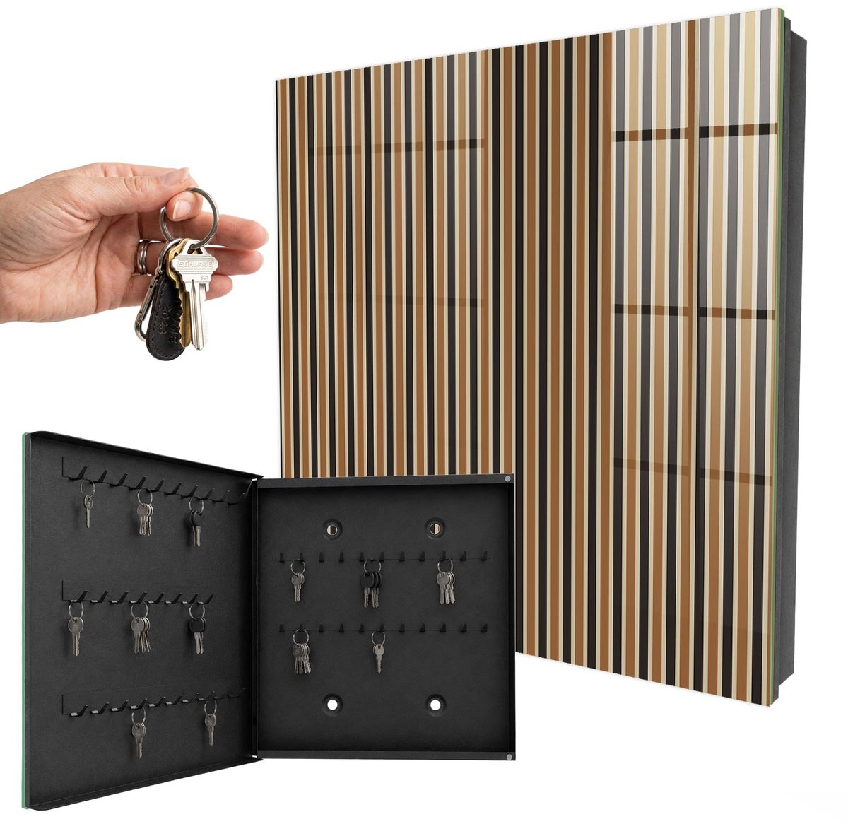 WallMuralia - Sleutelkast - 30x30x5 cm - met 50 haken - Minimalistische Strepen Leuk Sleutelkastje - Bruin Sleutelbox - Linksopenend - Zwart interieur