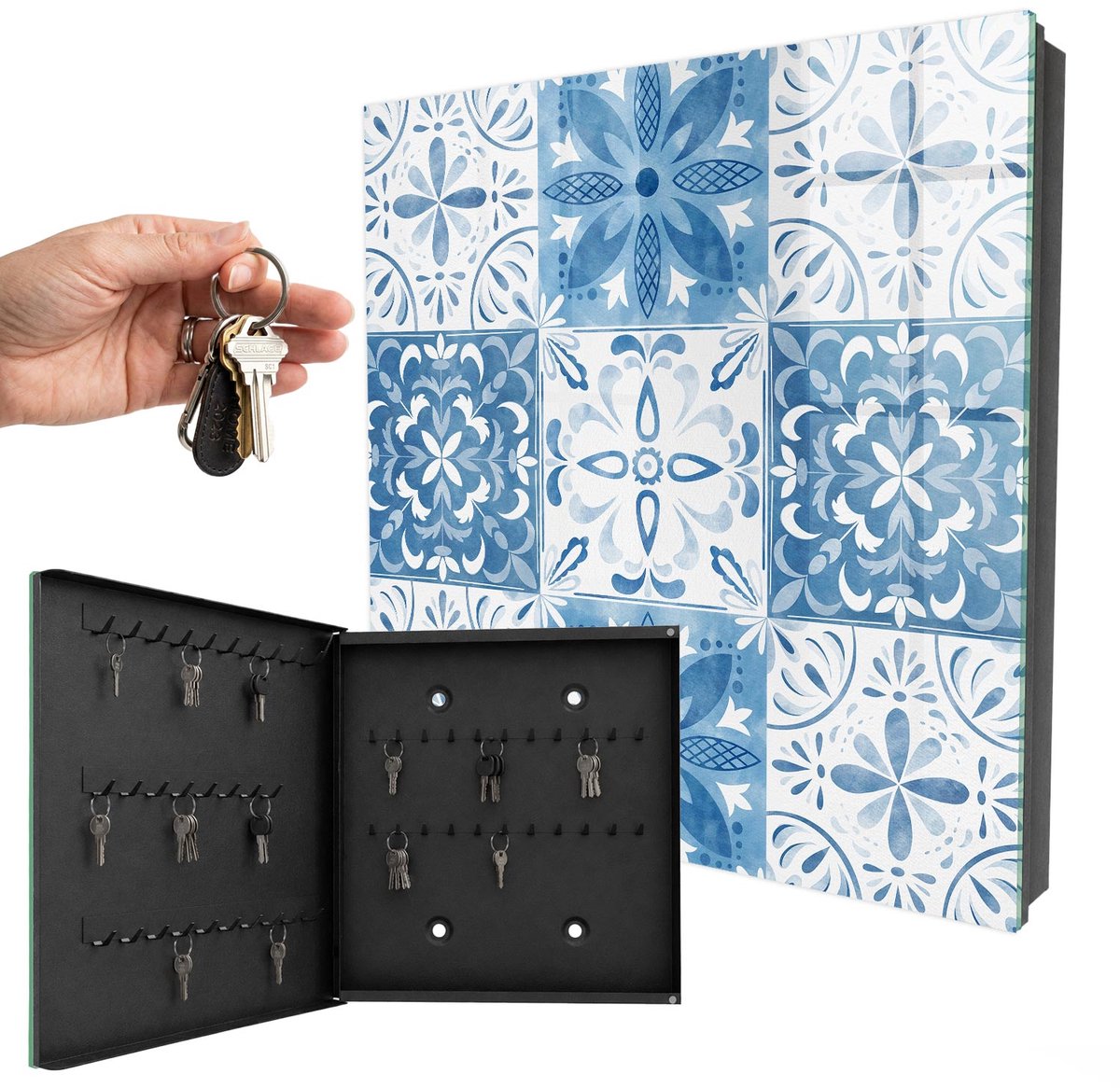 WallMuralia - Sleutelkast - 30x30x5 cm - met 50 haken - Geometrische Tegels Sleutelkastje Klein - Blauw Sleutelbox - Linksopenend - Zwart interieur
