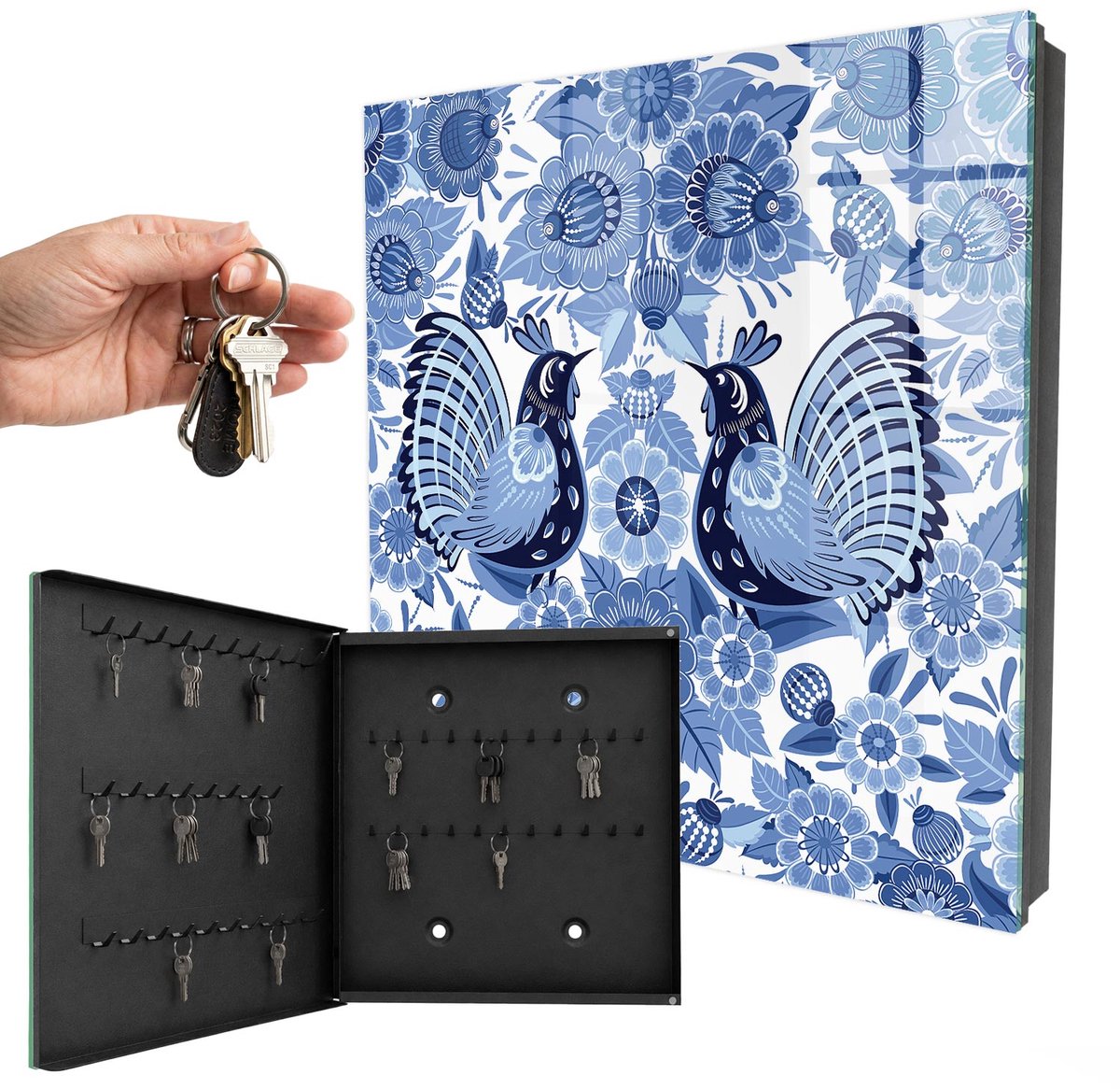 WallMuralia - Sleutelkast - 30x30x5 cm - met 50 haken - Volksvogels Leuk Sleutelkastje - Blauw Sleutelbox - Linksopenend - Zwart interieur