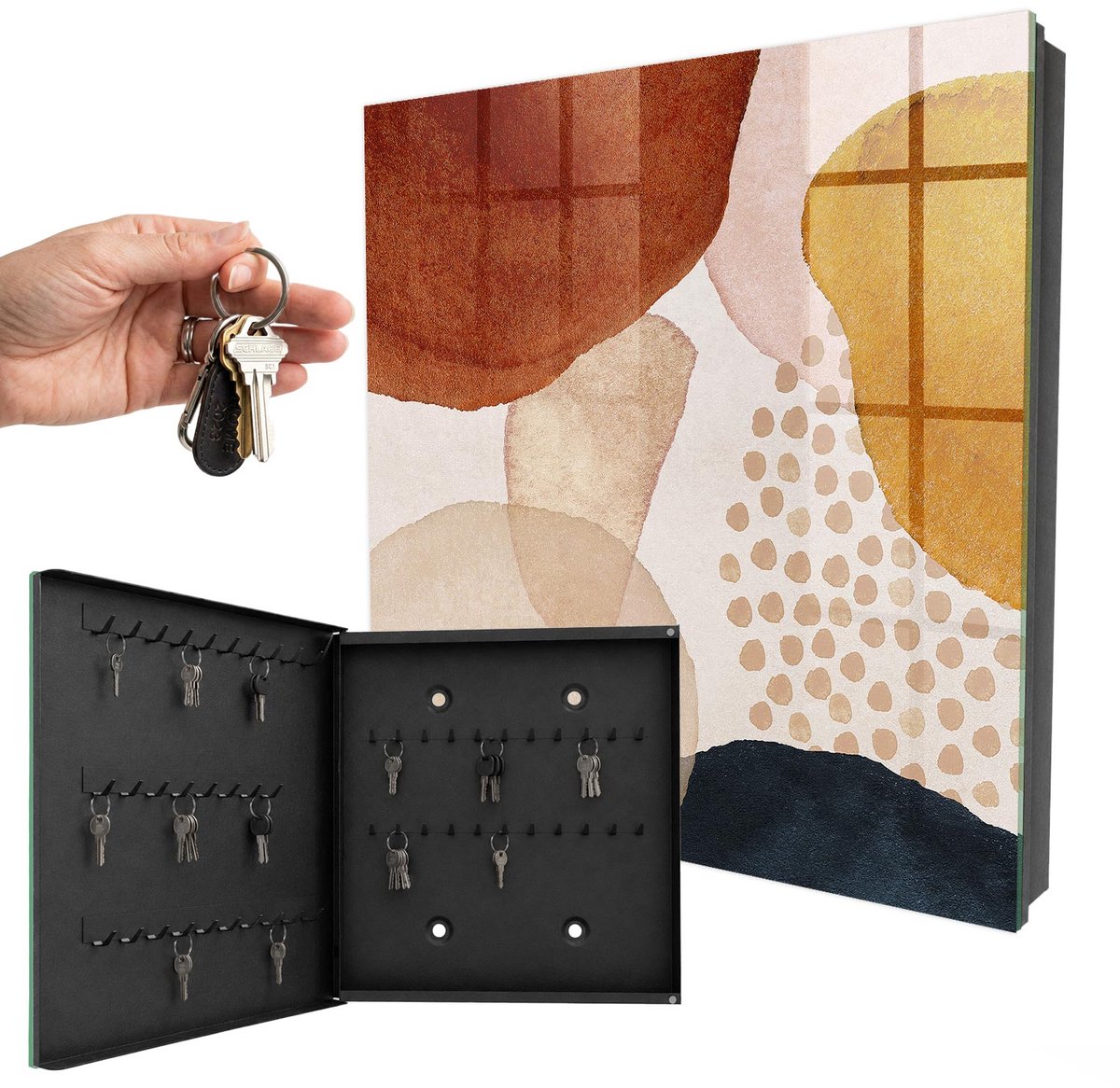 WallMuralia - Sleutelkast - 30x30x5 cm - met 50 haken - Abstracte Vlekken Sleutelkastje Design - Beige Sleutelbox - Linksopenend - Zwart interieur