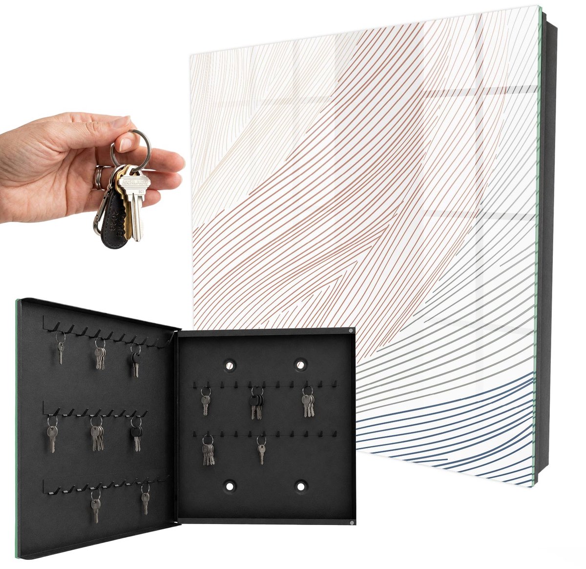 WallMuralia - Sleutelkast - 30x30x5 cm - met 50 haken - Golvende Lijnen Sleutelkastje Landelijk - Beige Sleutelbox - Linksopenend - Zwart interieur