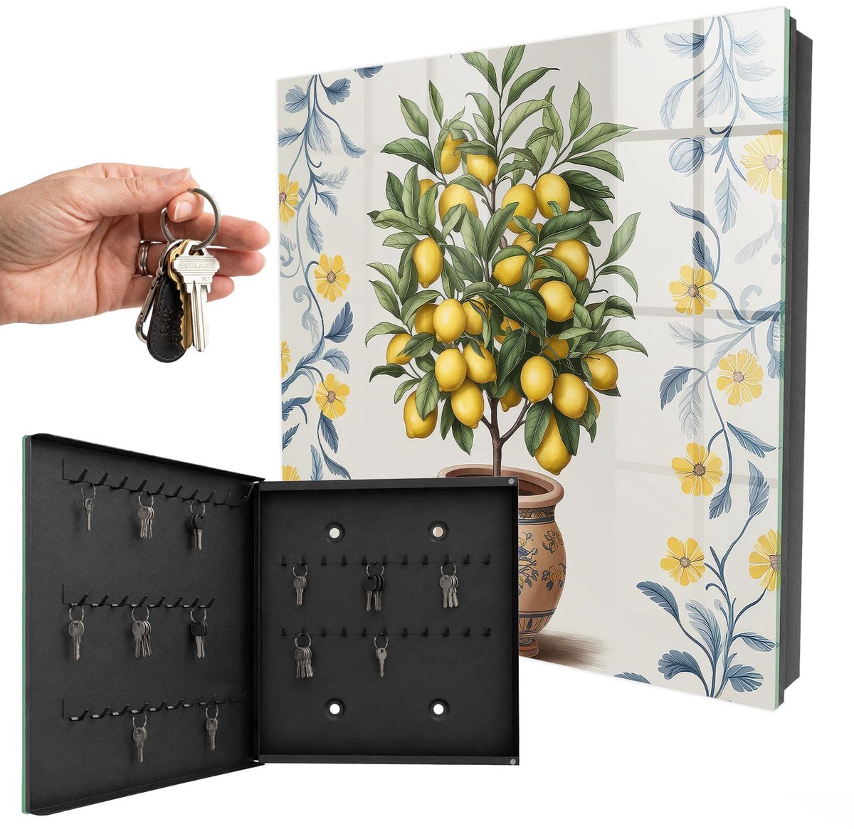 WallMuralia - Sleutelkast - 30x30x5 cm - met 50 haken - Citroenboom Leuk Sleutelkastje - Groente Sleutelbox - Linksopenend - Zwart interieur