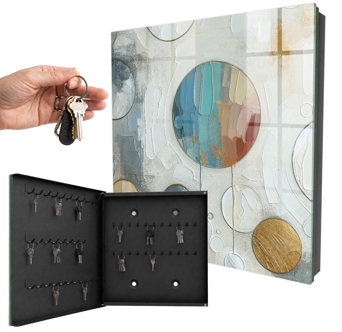 WallMuralia - Sleutelkast - 30x30x5 cm - met 50 haken - Cirkelvormige Compositie Sleutelkastje Voor Binnen - Wit Sleutelbox - Linksopenend - Zwart interieur