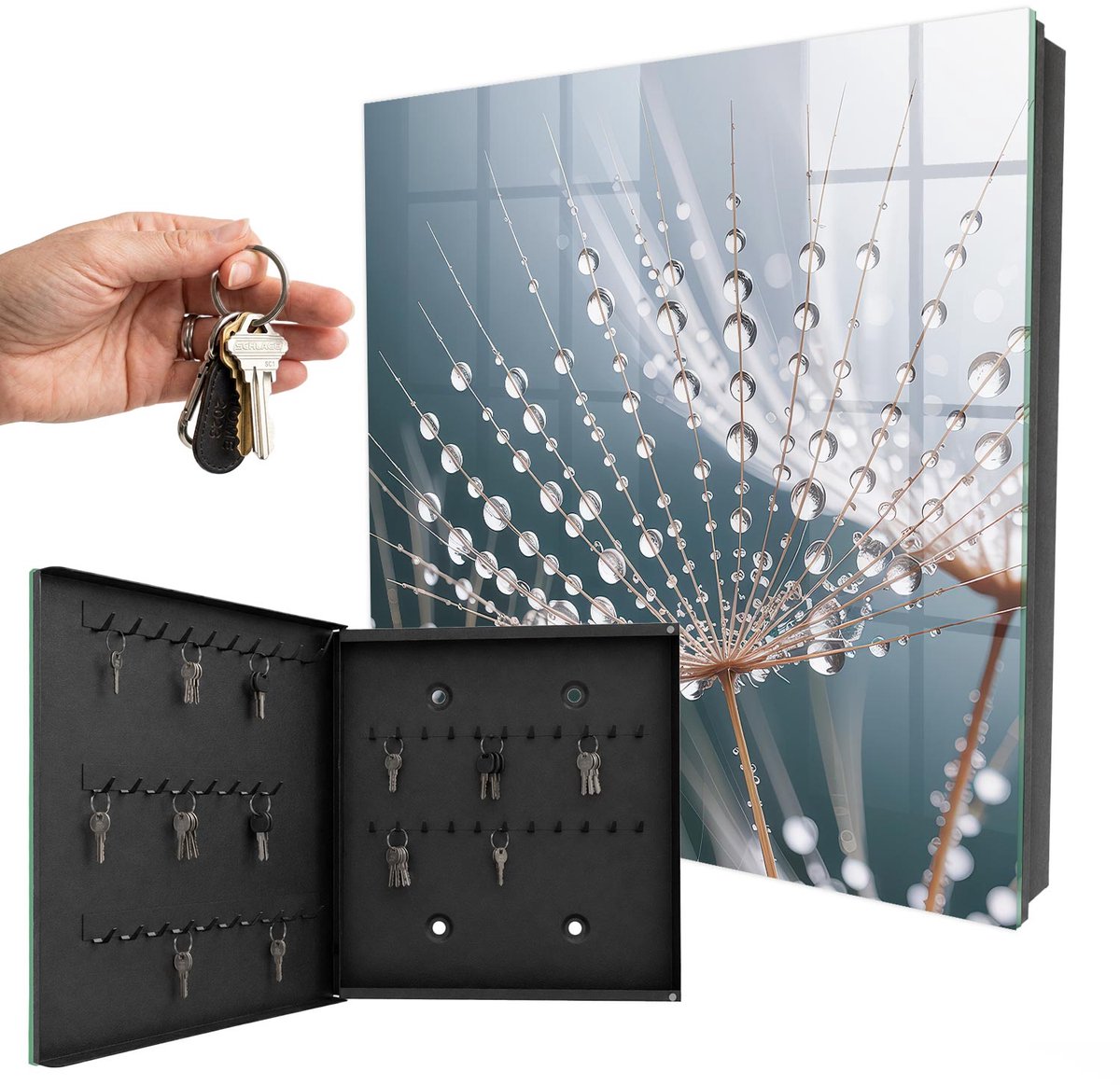 WallMuralia - Sleutelkast - 30x30x5 cm - met 50 haken - Waterdruppels Sleutelkastje Hal - Wit Sleutelbox - Linksopenend - Zwart interieur