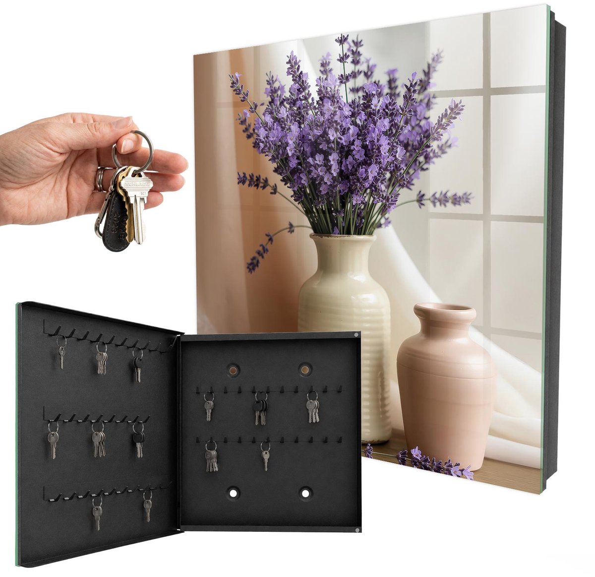 WallMuralia - Sleutelkast - 30x30x5 cm - met 50 haken - Bloemen In Een Vaas Sleutelkastje Binnen - Paars Sleutelbox - Linksopenend - Zwart interieur