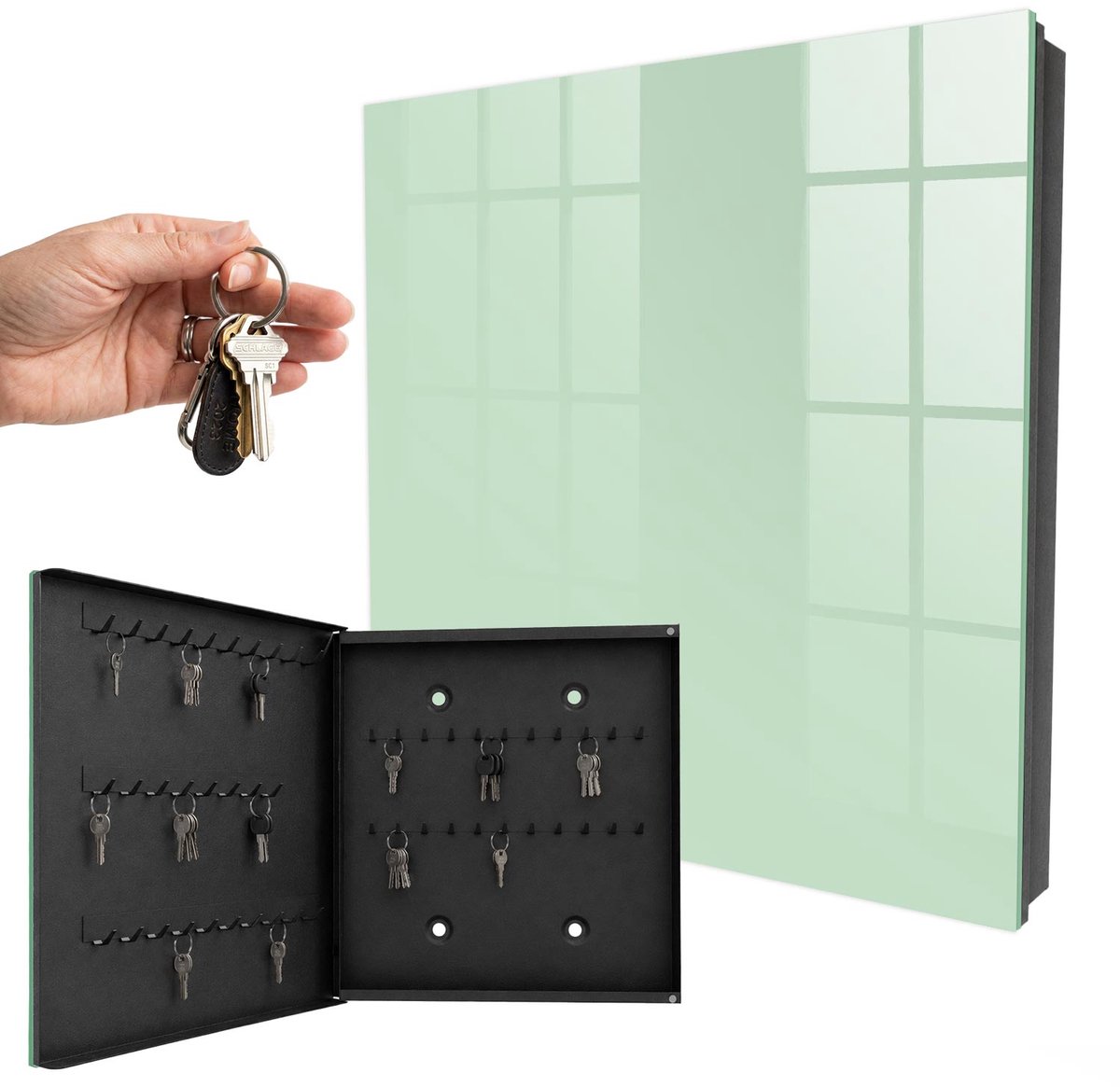 WallMuralia - Sleutelkast - 30x30x5 cm - met 50 haken - Mintgroen Sleutelkastje Muur - Groente Sleutelbox - Linksopenend - Zwart interieur