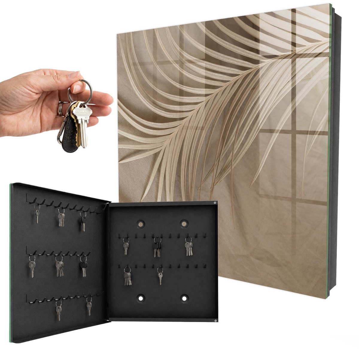 WallMuralia - Sleutelkast - 30x30x5 cm - met 50 haken - Natuurlijke Elegantie Sleutelkastje Huis - Beige Sleutelbox - Linksopenend - Zwart interieur