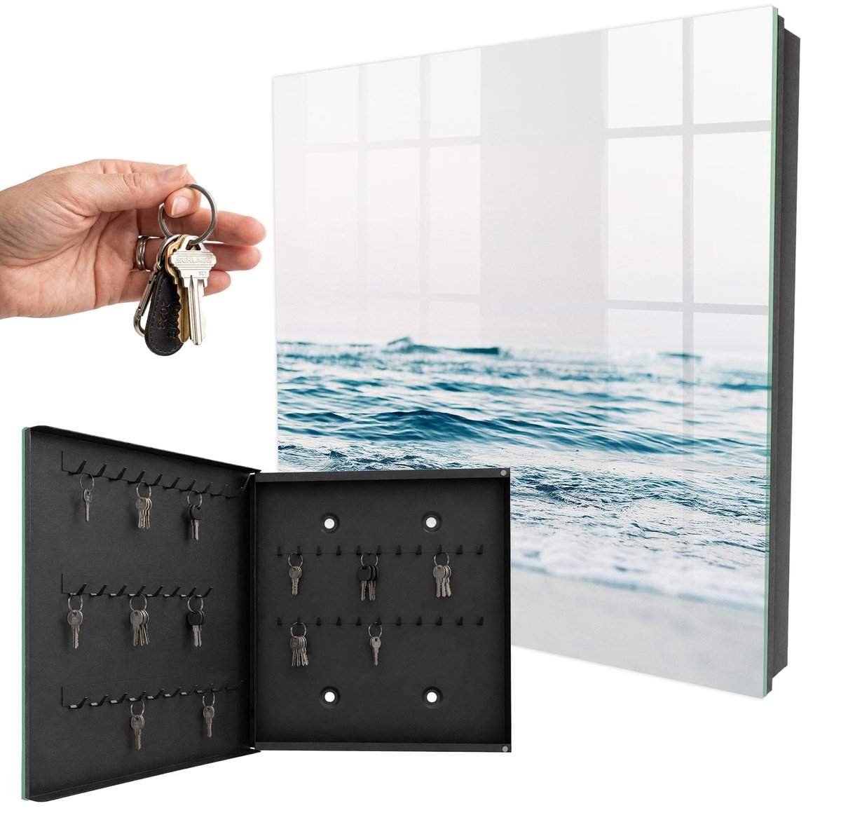 WallMuralia - Sleutelkast - 30x30x5 cm - met 50 haken - Vrede Op Zee Sleutelkastje Modern - Blauw Sleutelbox - Linksopenend - Zwart interieur