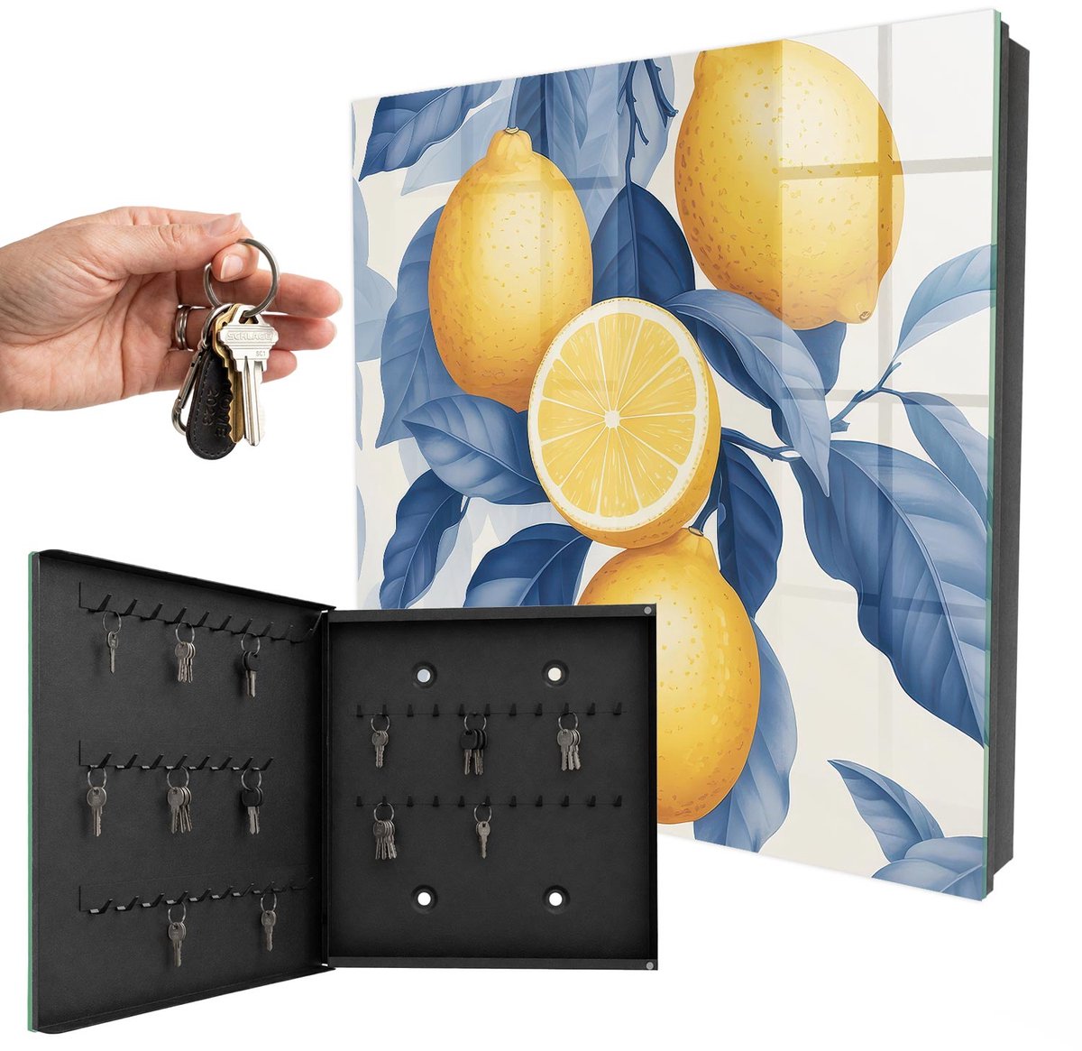 WallMuralia - Sleutelkast - 30x30x5 cm - met 50 haken - Citroen Charm Sleutelkastje Huis - Geel Sleutelbox - Linksopenend - Zwart interieur