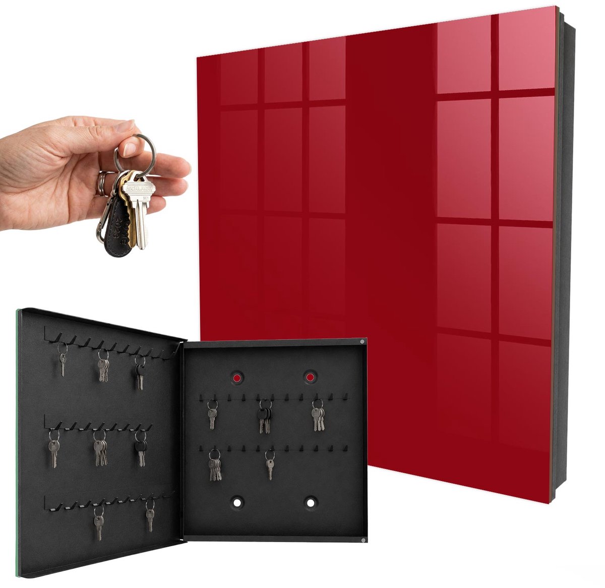 WallMuralia - Sleutelkast - 30x30x5 cm - met 50 haken - Licht Bordeauxrood Sleutelkastje Landelijk - Bordeaux Sleutelbox - Linksopenend - Zwart interieur