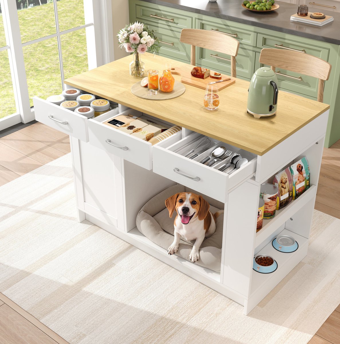 MODENUIT Keukenkast – 120 x 60 x 90 cm – 3 Lades – Wit MDF – Specerijenrek, Huisdiernis, Verstelbare Plank