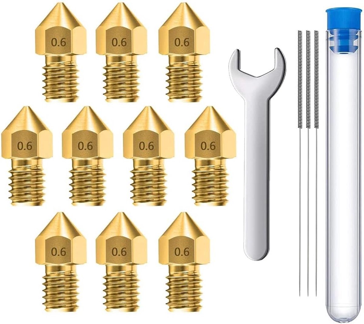 10 stuks 0.6mm Messing MK8 3D Printer Nozzles Extruder geschikt voor Creality Ender 3 Series, Ender 5 Series, CR-10/10S, Makerbot, Anet A8 Incl. 3 reinigingsnaalden