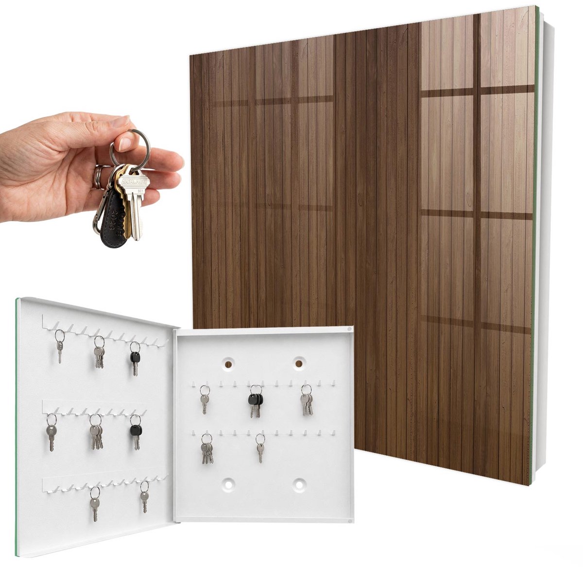 WallMuralia - Sleutelkast - 30x30x5 cm - met 50 haken - Houten Planken Groot Sleutelkastje - Bruin Sleutelbox - Linksopenend - Wit interieur