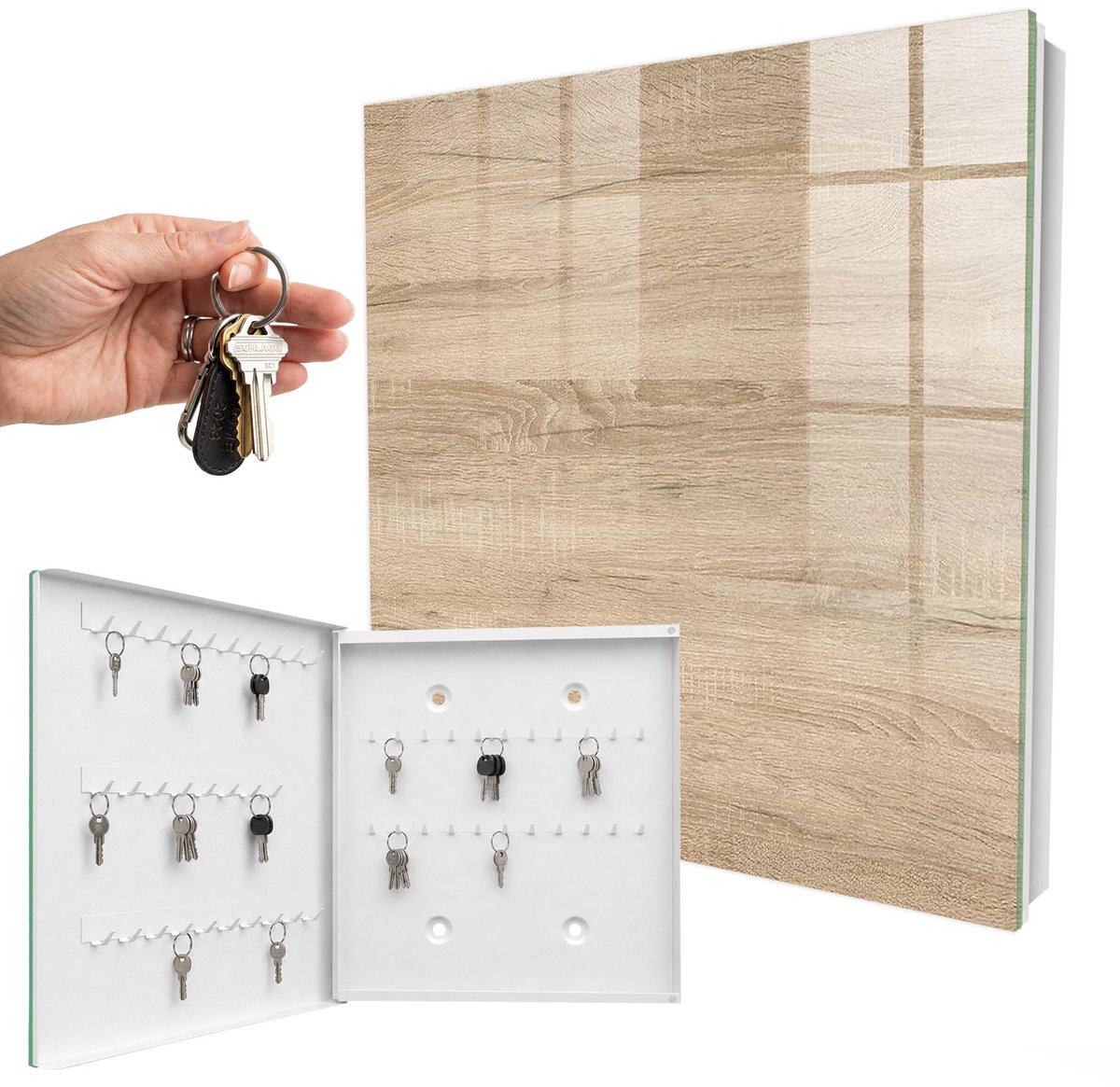WallMuralia - Sleutelkast - 30x30x5 cm - met 50 haken - Houtstructuur Sleutelkastje Muur - Beige Sleutelbox - Linksopenend - Wit interieur