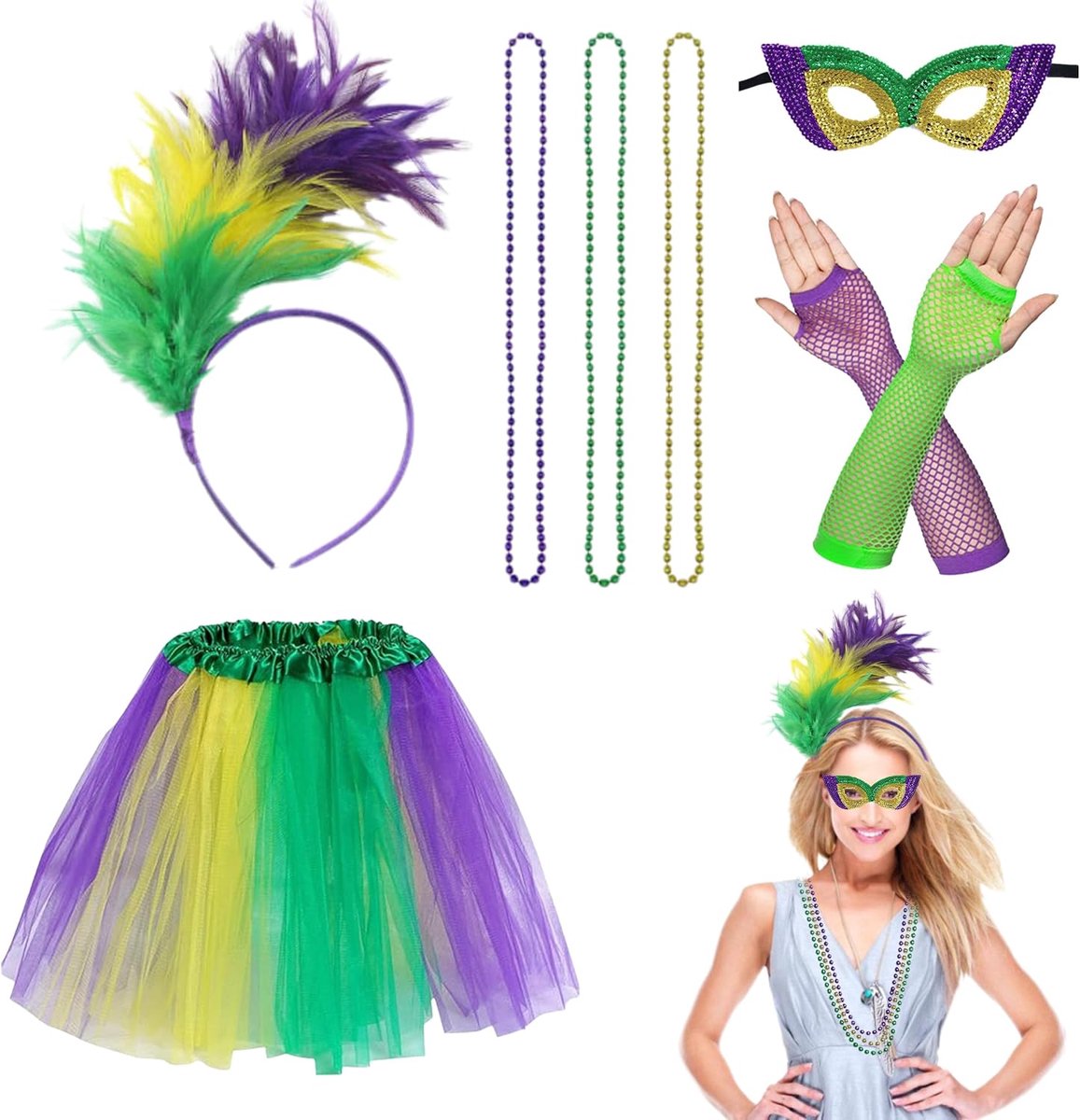 Gras Kostuum Accessoire Set, Mardi Gras Veren Haarband Tutu Rok