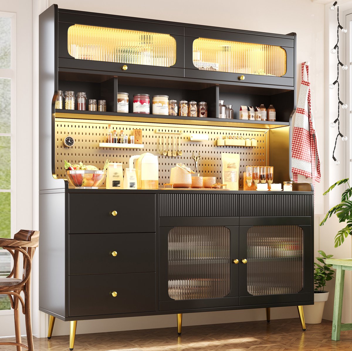 MIVRAY Kast - Hoge Buffetkast Met Ledverlichting En App - Ruime Opbergkast Voor Keuken En Woonkamer - MDF Metaal Glas - Zwart - 145x39x171 Cm