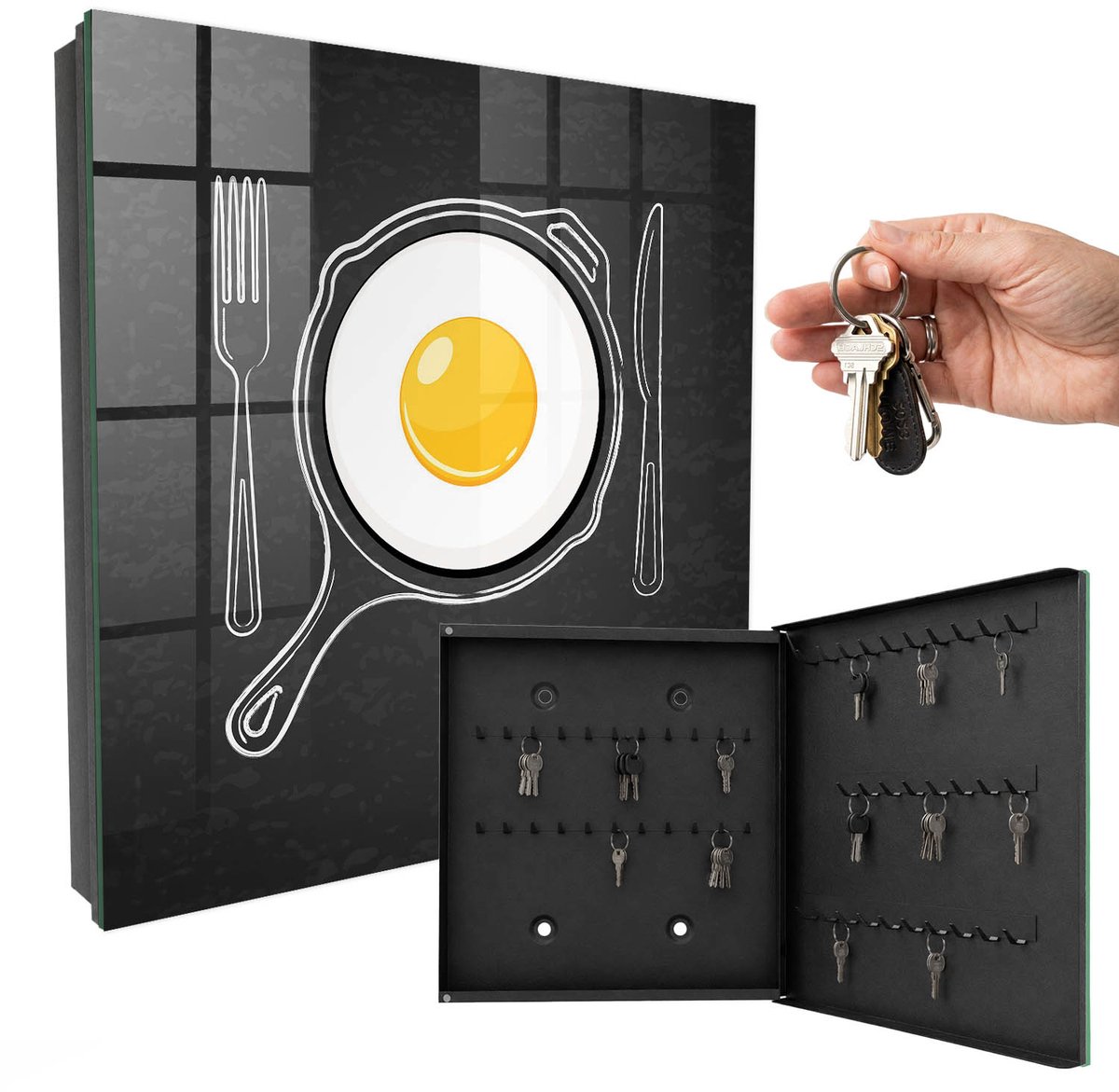 WallMuralia - Sleutelkast - 30x30x5 cm - met 50 haken - Gebakken Ei Sleutelkastje Voor Binnen - Zwart Sleutelbox - Rechtsopenend - Zwart interieur
