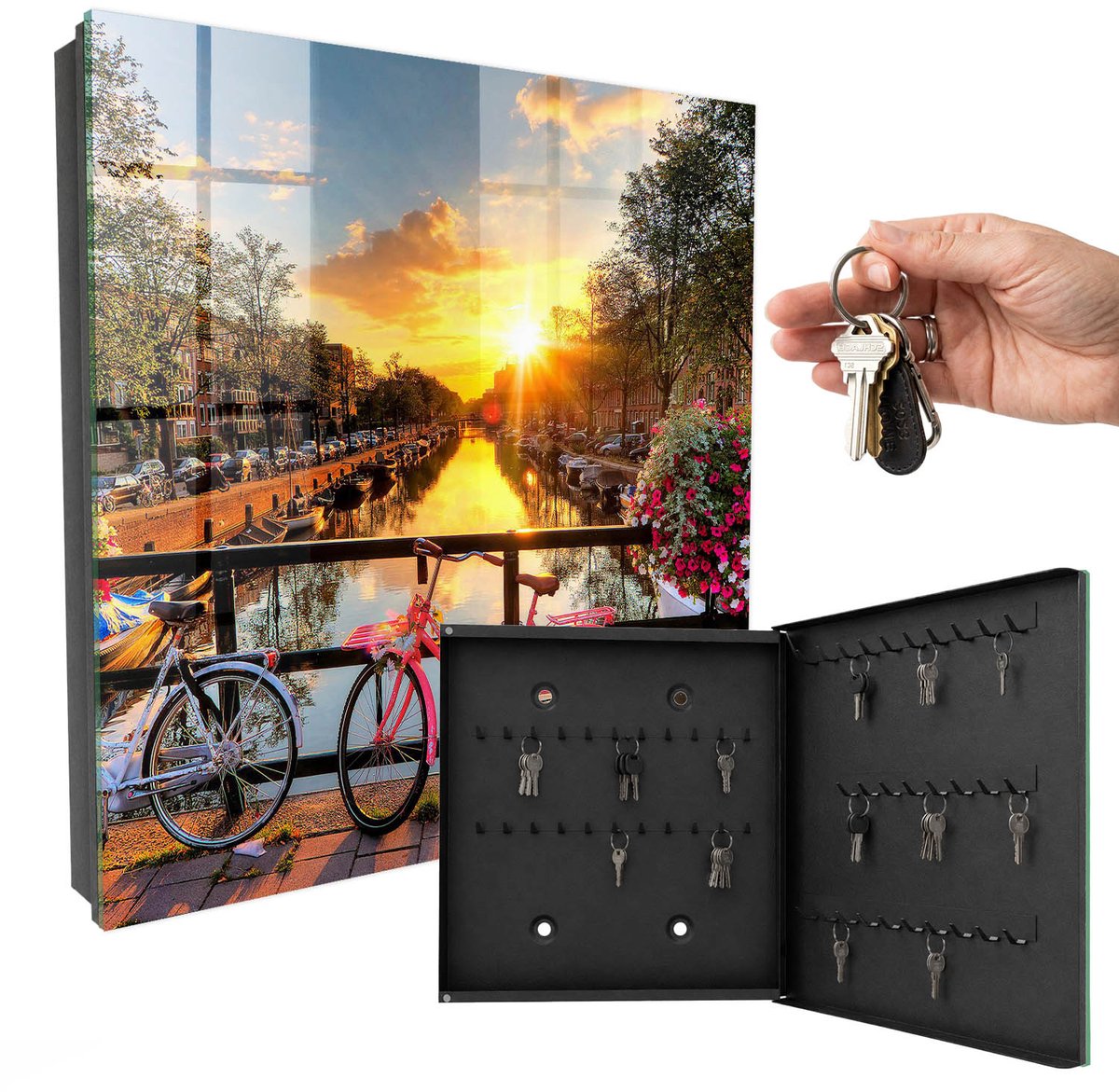WallMuralia - Sleutelkast - 30x30x5 cm - met 50 haken - Stedelijk Westen Design Sleutelkastje - Oranje Sleutelbox - Rechtsopenend - Zwart interieur