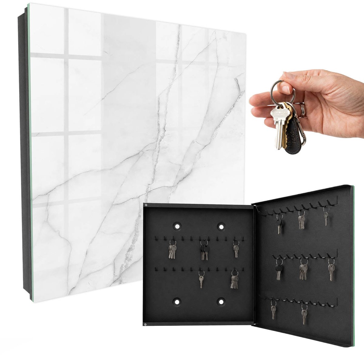 WallMuralia - Sleutelkast - 30x30x5 cm - met 50 haken - Marmeren Elegantie Sleutelkastje Binnen - Wit Sleutelbox - Rechtsopenend - Zwart interieur