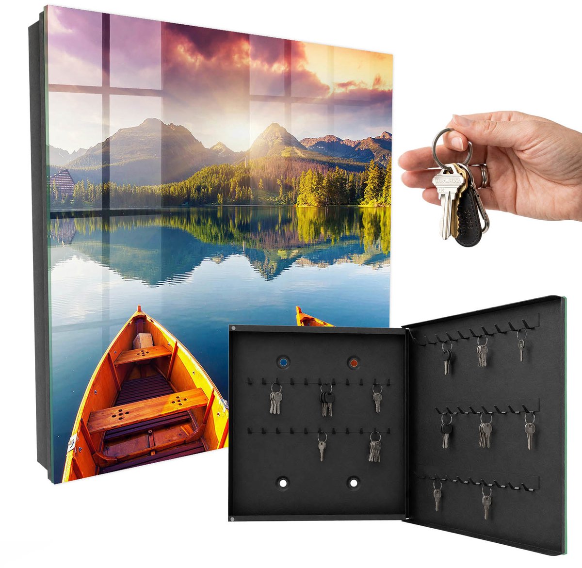 WallMuralia - Sleutelkast - 30x30x5 cm - met 50 haken - Bergvrede Sleutelkastje Klein - Blauw Sleutelbox - Rechtsopenend - Zwart interieur