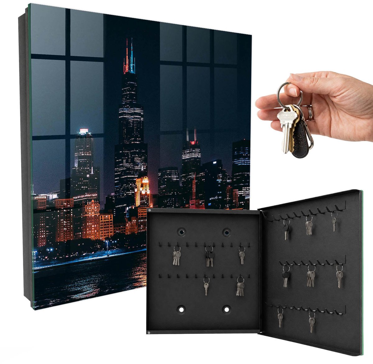 WallMuralia - Sleutelkast - 30x30x5 cm - met 50 haken - Nachtstad Sleutelkastje Voor Binnen - Zwart Sleutelbox - Rechtsopenend - Zwart interieur