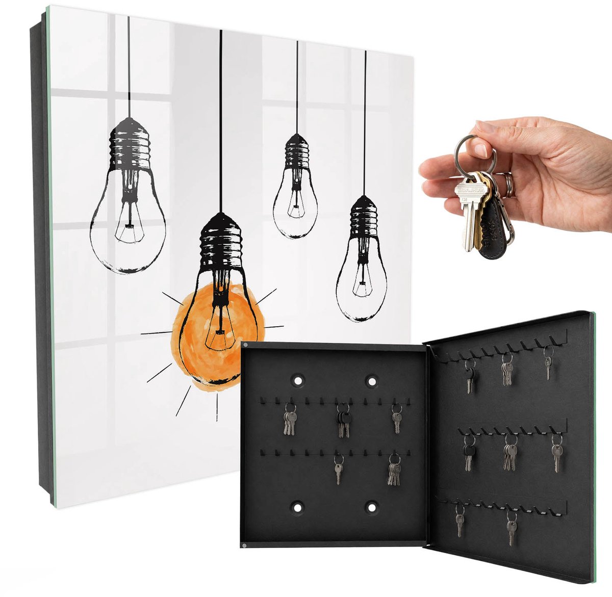 WallMuralia - Sleutelkast - 30x30x5 cm - met 50 haken - Gloeilampen Groot Sleutelkastje - Wit Sleutelbox - Rechtsopenend - Zwart interieur