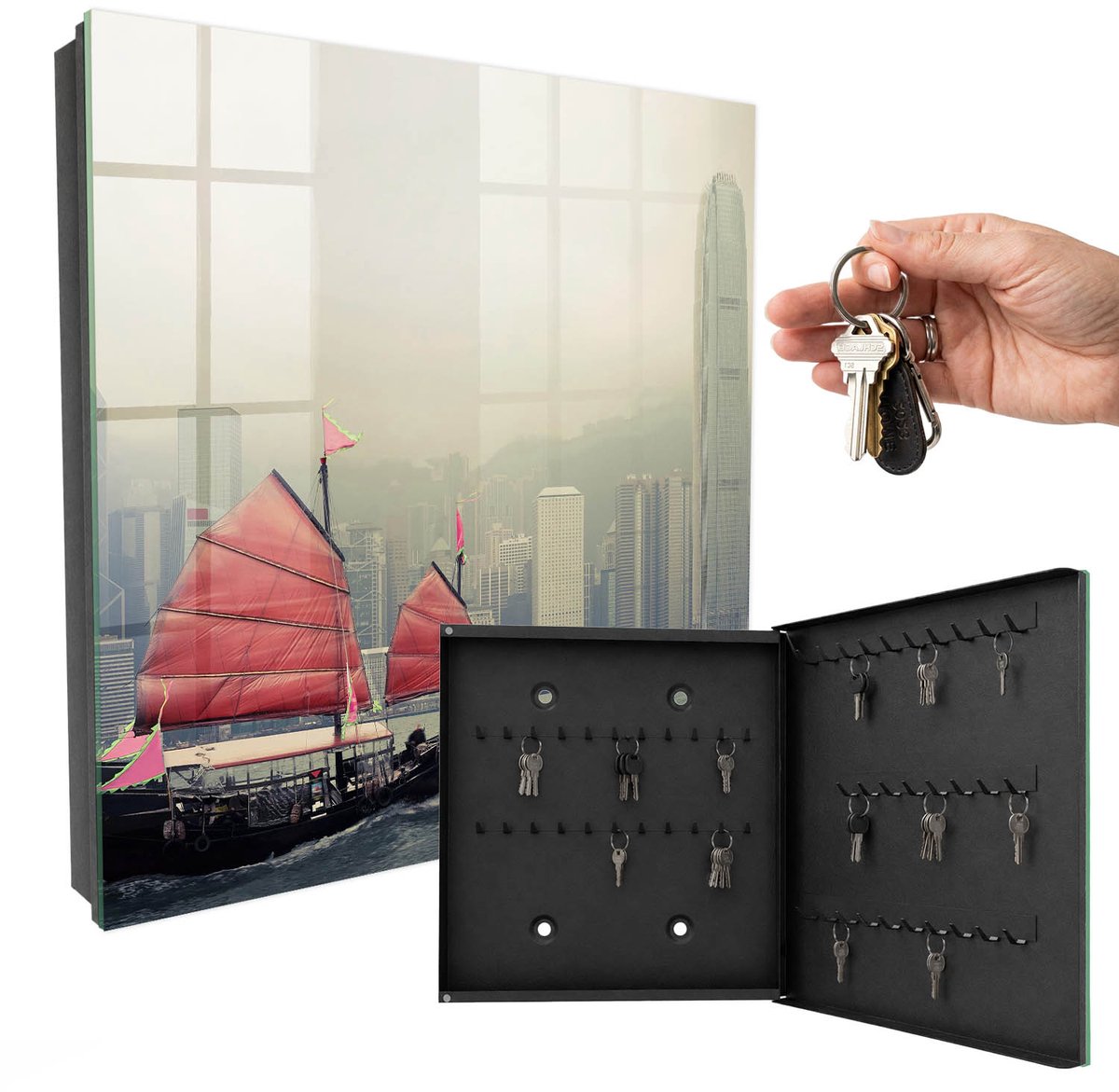WallMuralia - Sleutelkast - 30x30x5 cm - met 50 haken - Nostalgie Naar De Stad Sleutelkastje Landelijk - Grijs Sleutelbox - Rechtsopenend - Zwart interieur