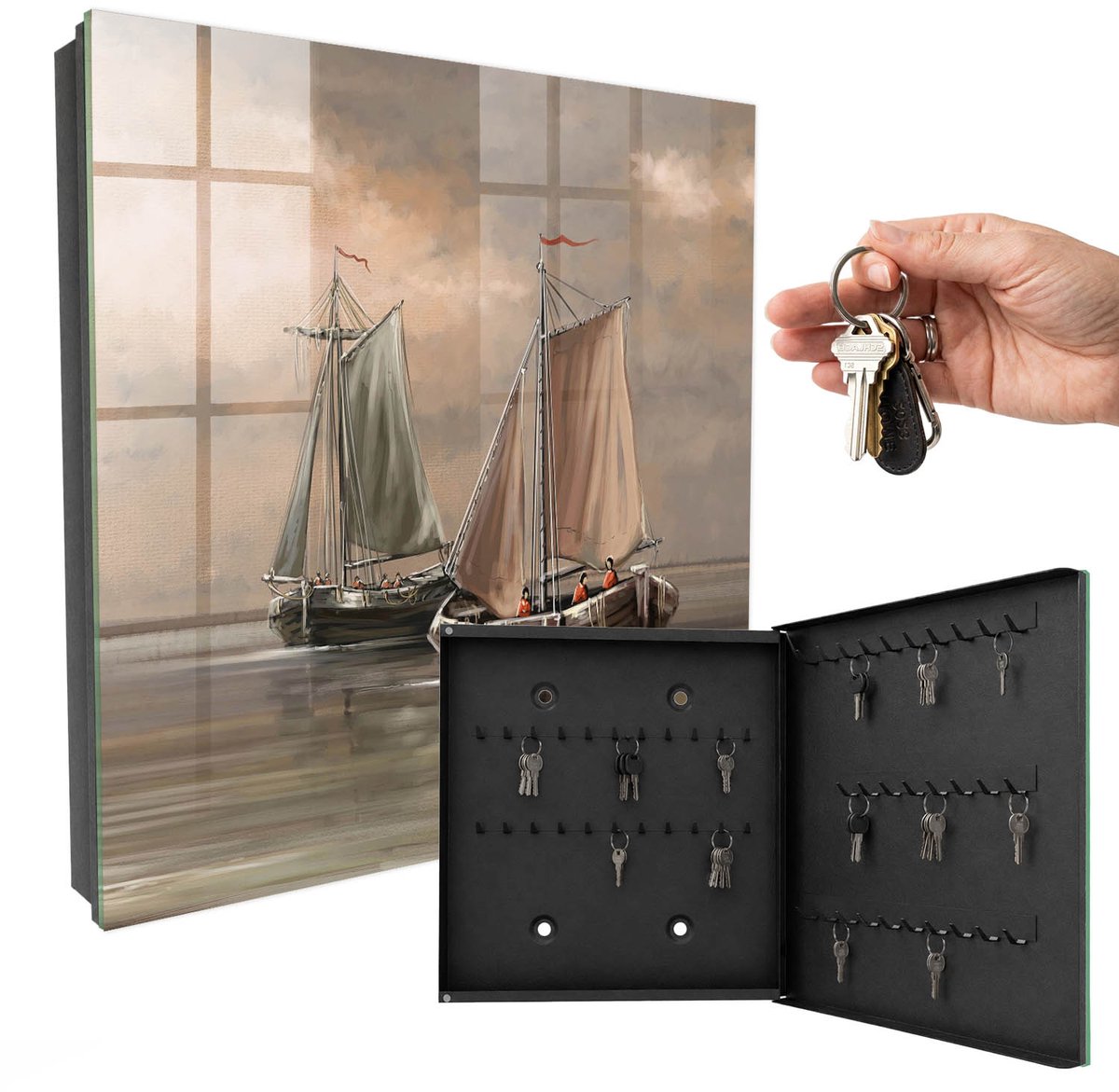 WallMuralia - Sleutelkast - 30x30x5 cm - met 50 haken - Zeezeilschepen Sleutelkastje Voor Binnen - Beige Sleutelbox - Rechtsopenend - Zwart interieur