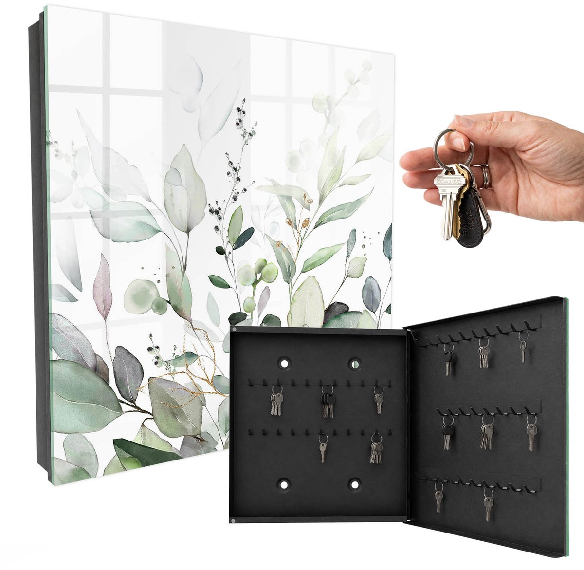 WallMuralia - Sleutelkast - 30x30x5 cm - met 50 haken - Groene Elegantie Groot Sleutelkastje - Groente Sleutelbox - Rechtsopenend - Zwart interieur