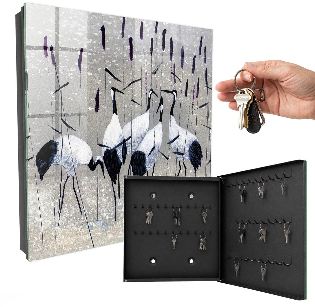 WallMuralia - Sleutelkast - 30x30x5 cm - met 50 haken - Kraanvogels En Riet Leuk Sleutelkastje - Grijs Sleutelbox - Rechtsopenend - Zwart interieur