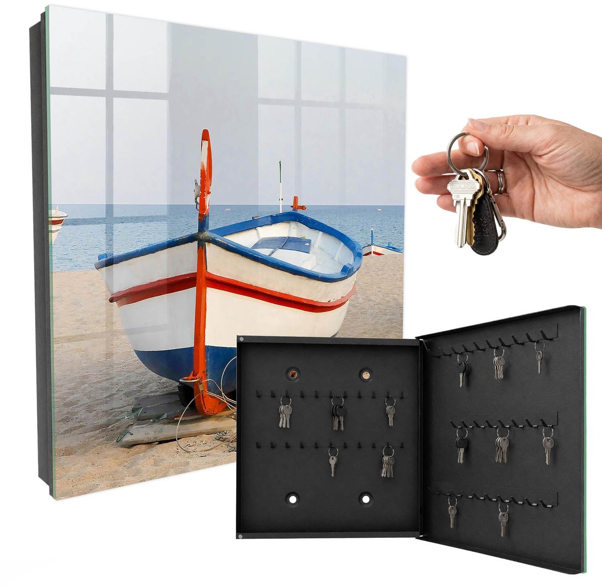 WallMuralia - Sleutelkast - 30x30x5 cm - met 50 haken - Zomercruise Leuk Sleutelkastje - Geel Sleutelbox - Rechtsopenend - Zwart interieur