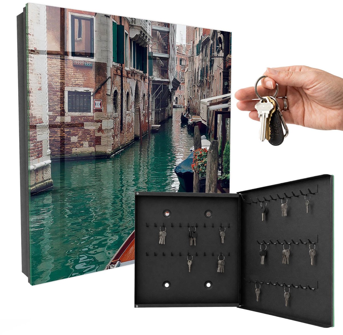 WallMuralia - Sleutelkast - 30x30x5 cm - met 50 haken - Romantisch Venetië Sleutelkastje Gang - Bruin Sleutelbox - Rechtsopenend - Zwart interieur