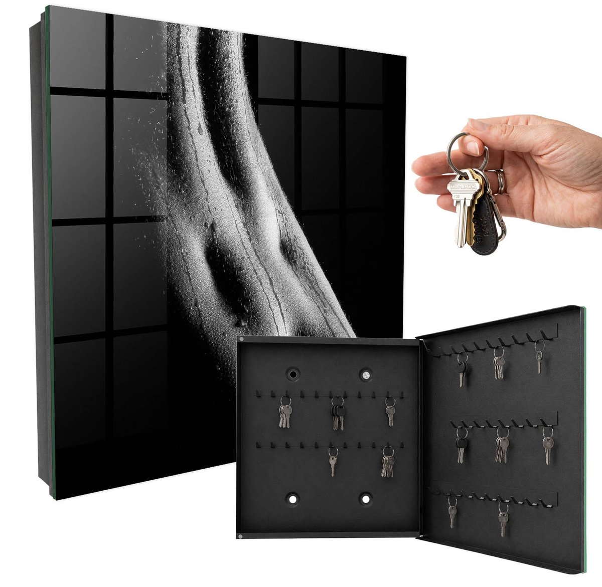 WallMuralia - Sleutelkast - 30x30x5 cm - met 50 haken - Sensuele Elegantie Sleutelkastje Huis - Zwart Sleutelbox - Rechtsopenend - Zwart interieur