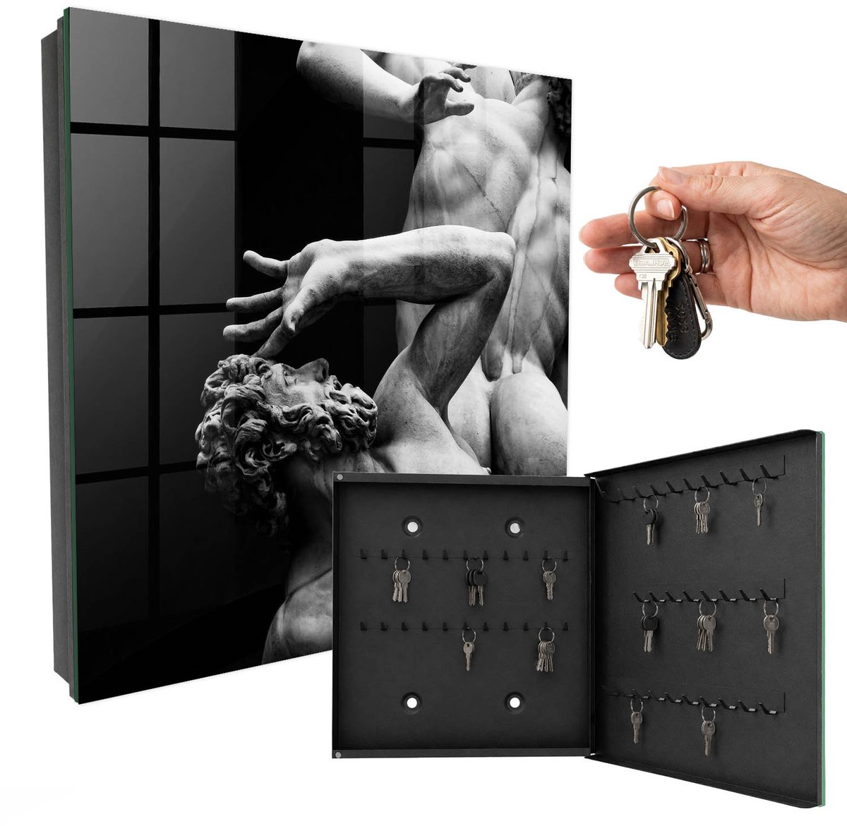 WallMuralia - Sleutelkast - 30x30x5 cm - met 50 haken - Stone-Emoties Sleutelkastje Gang - Zwart Sleutelbox - Rechtsopenend - Zwart interieur