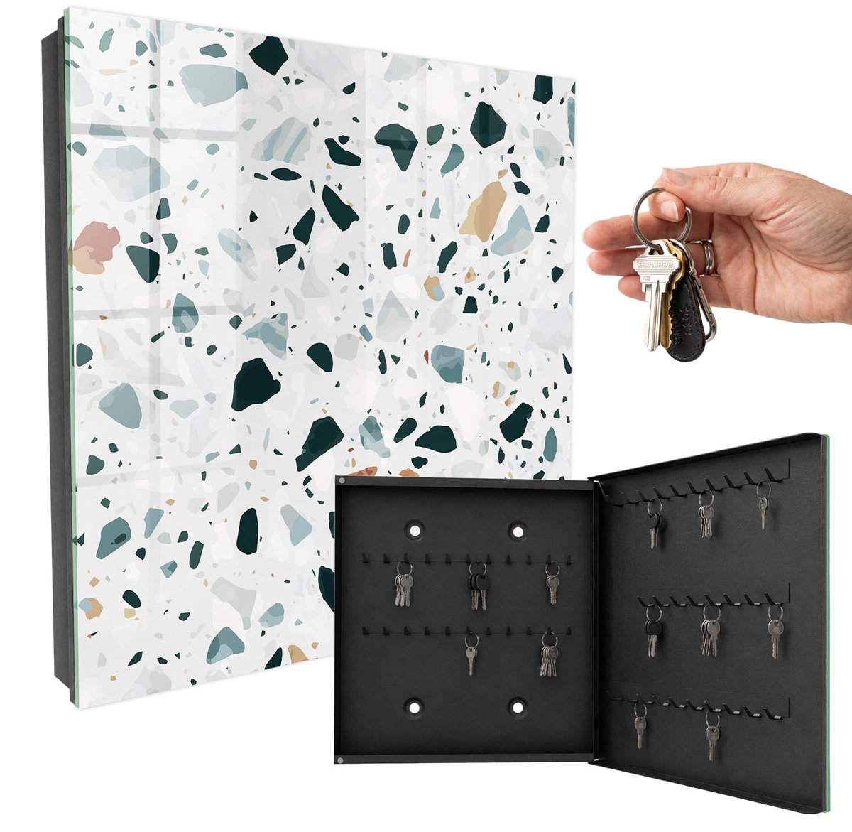 WallMuralia - Sleutelkast - 30x30x5 cm - met 50 haken - Kleurrijke Kiezelstenen Sleutelkastje Klein - Groente Sleutelbox - Rechtsopenend - Zwart interieur