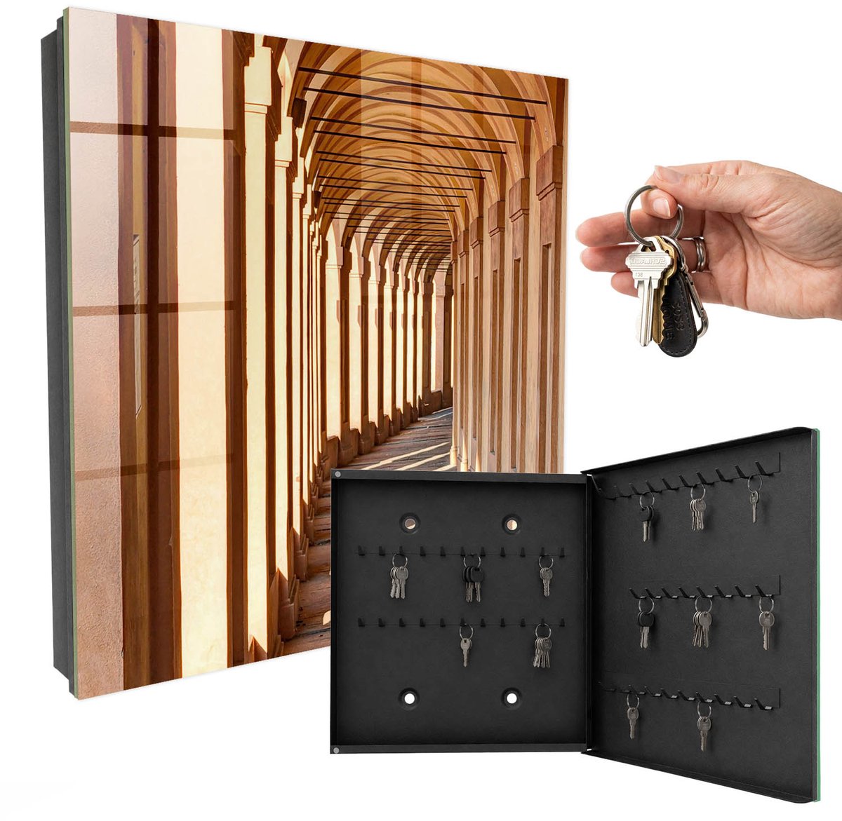 WallMuralia - Sleutelkast - 30x30x5 cm - met 50 haken - Architectonische Elegantie Sleutelkastje - Beige Sleutelbox - Rechtsopenend - Zwart interieur