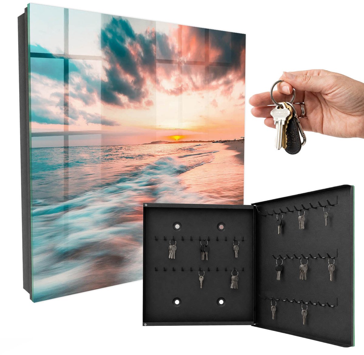WallMuralia - Sleutelkast - 30x30x5 cm - met 50 haken - Zonsondergang Sleutelkastje - Oranje Sleutelbox - Rechtsopenend - Zwart interieur