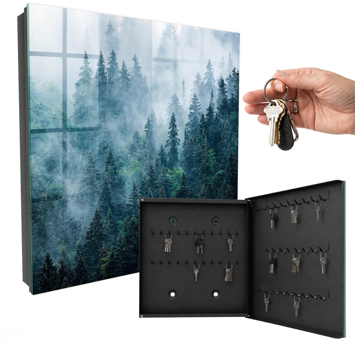 WallMuralia - Sleutelkast - 30x30x5 cm - met 50 haken - Groen Bos Groot Sleutelkastje - Groente Sleutelbox - Rechtsopenend - Zwart interieur