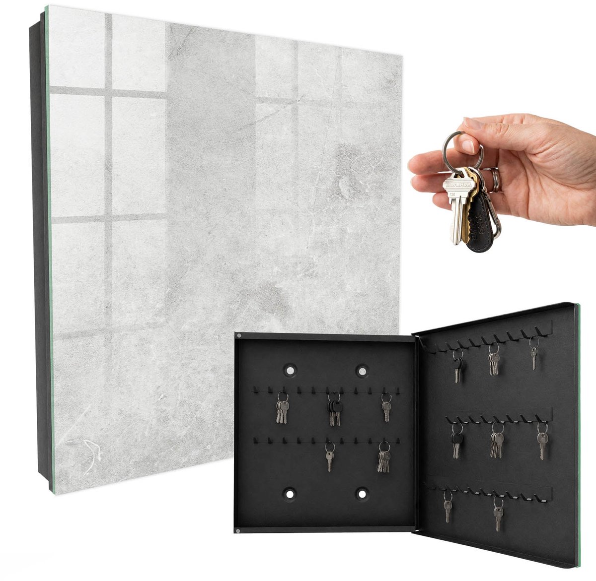 WallMuralia - Sleutelkast - 30x30x5 cm - met 50 haken - Grijze Steen Groot Sleutelkastje - Grijs Sleutelbox - Rechtsopenend - Zwart interieur