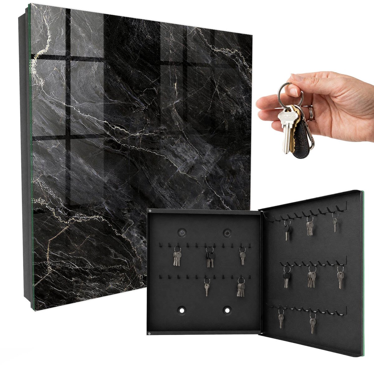 WallMuralia - Sleutelkast - 30x30x5 cm - met 50 haken - Stijlvolle Elegantie Sleutelkastje Klein - Zwart Sleutelbox - Rechtsopenend - Zwart interieur
