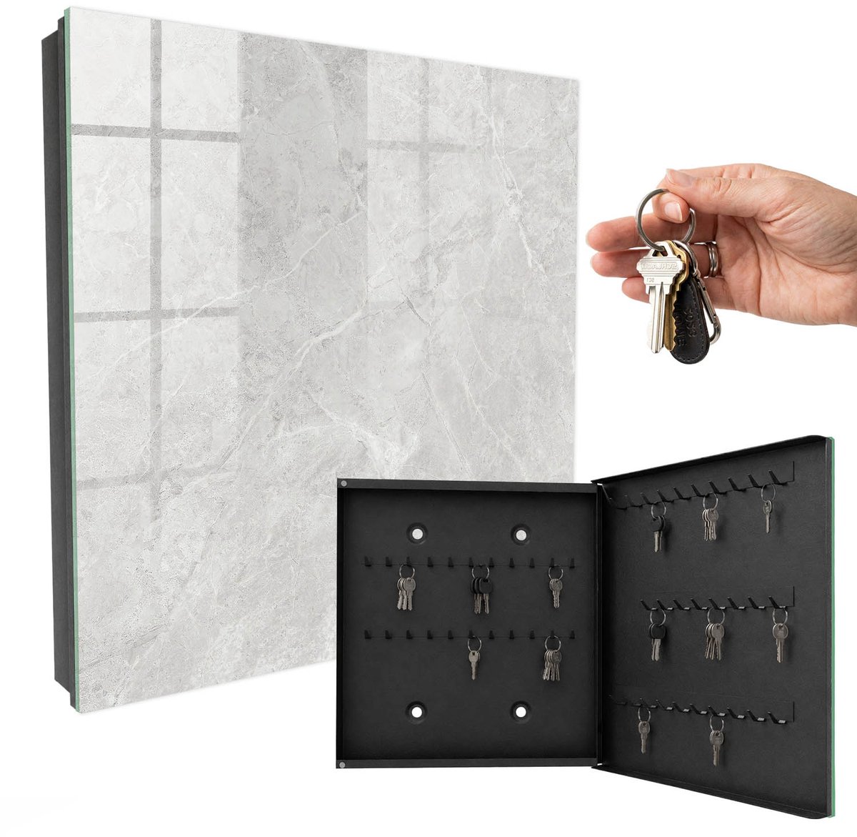 WallMuralia - Sleutelkast - 30x30x5 cm - met 50 haken - Grijze Structuur Sleutelkastje Huis - Grijs Sleutelbox - Rechtsopenend - Zwart interieur